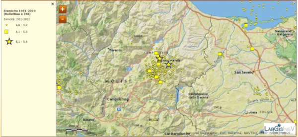 Gli ipocentri dei terremoti avvenuti nel 2002-2003. Le due stelle gialle sono gli eventi del 31 ottobre e del 1 novembre 2002_fonte Ingv